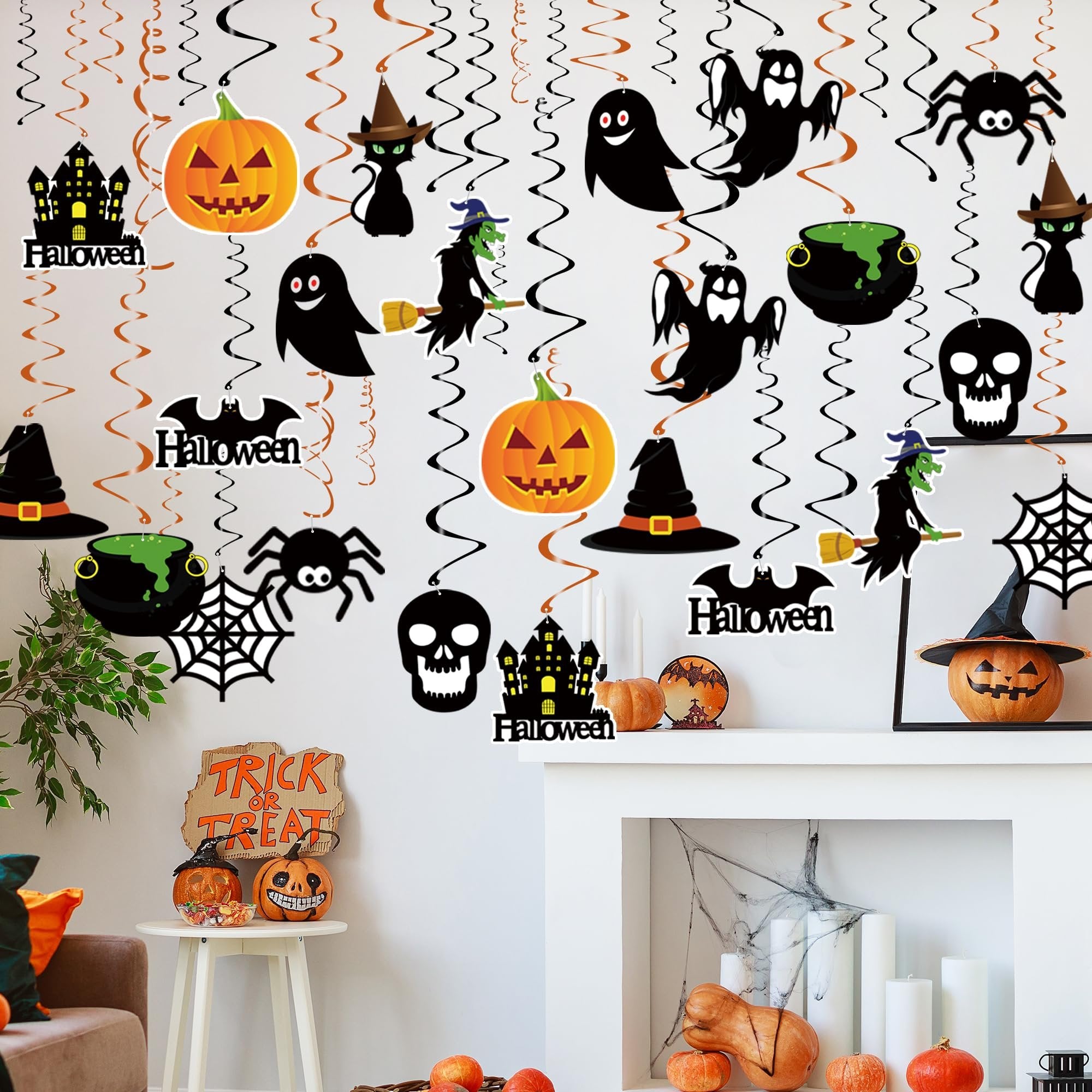 Halloween hanging swirl decorations featuring pumpkins, ghosts, witches, bats, spiders, and haunted houses.