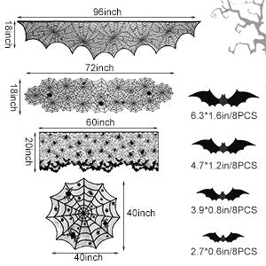Halloween decoration set including lace mantel scarf, table runner, round cover, and 3D bats with dimensions