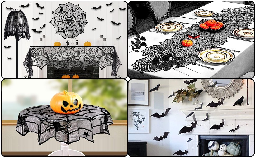 Collage of Halloween decorations including lace spiderweb tablecloths, runners, lampshade cover, and 3D bats.