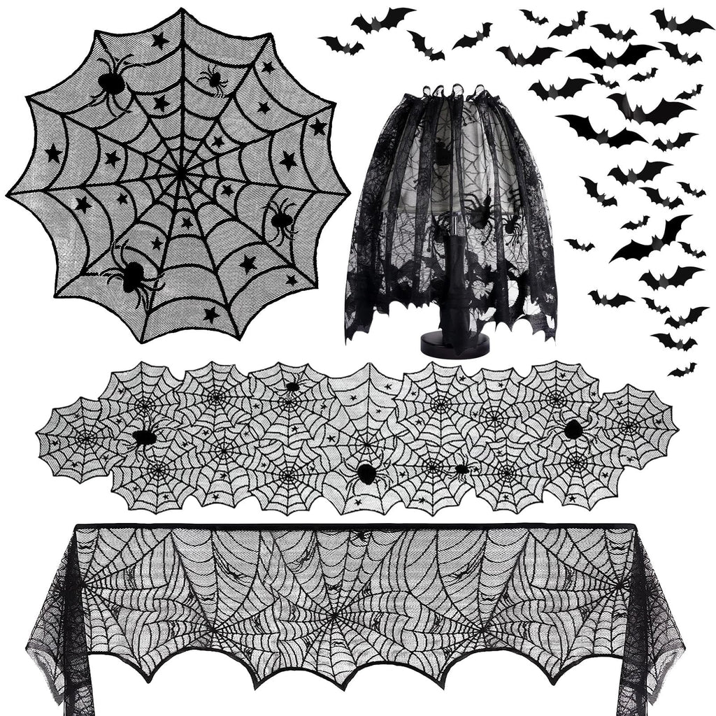 Halloween black lace spiderweb decorations including a round cover, table runner, mantel scarf, and bats