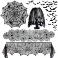 Halloween black lace spiderweb decorations including a round cover, table runner, mantel scarf, and bats