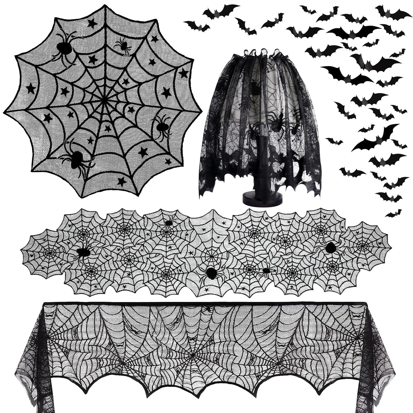 Halloween black lace spiderweb decorations including a round cover, table runner, mantel scarf, and bats