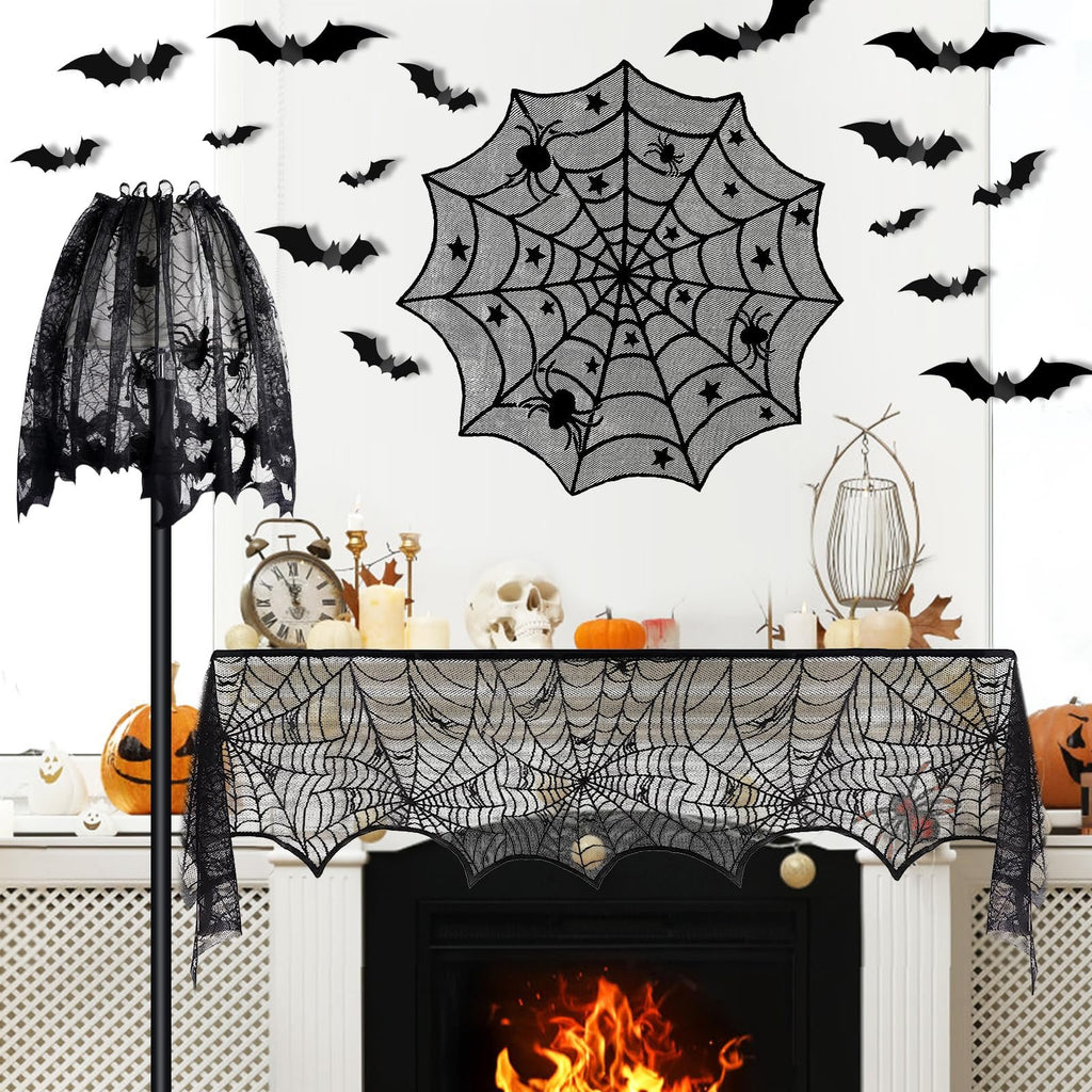 Halloween black lace spiderweb decorations including a lampshade cover, mantel scarf, and wall decal with bats