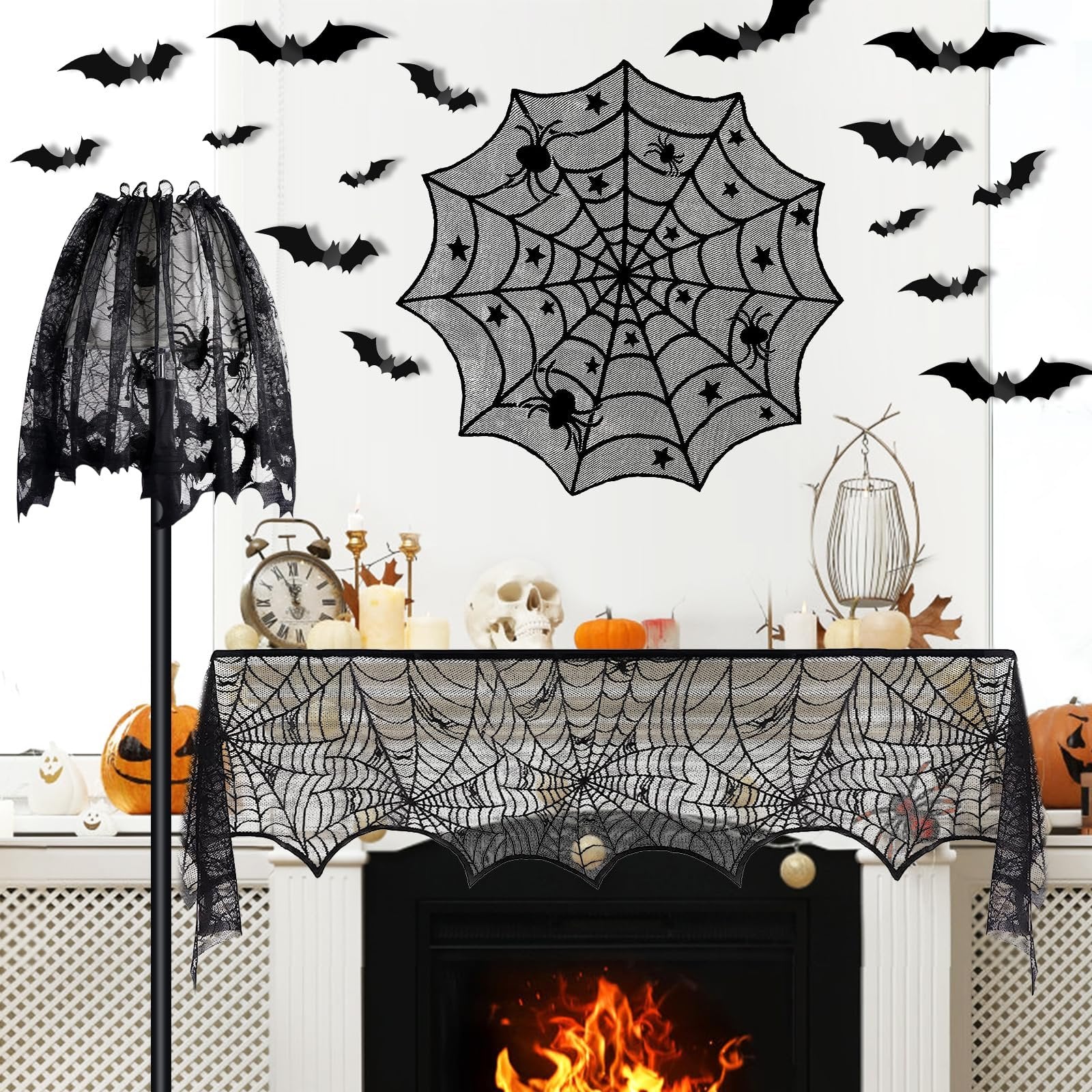 Halloween black lace spiderweb decorations including a lampshade cover, mantel scarf, and wall decal with bats