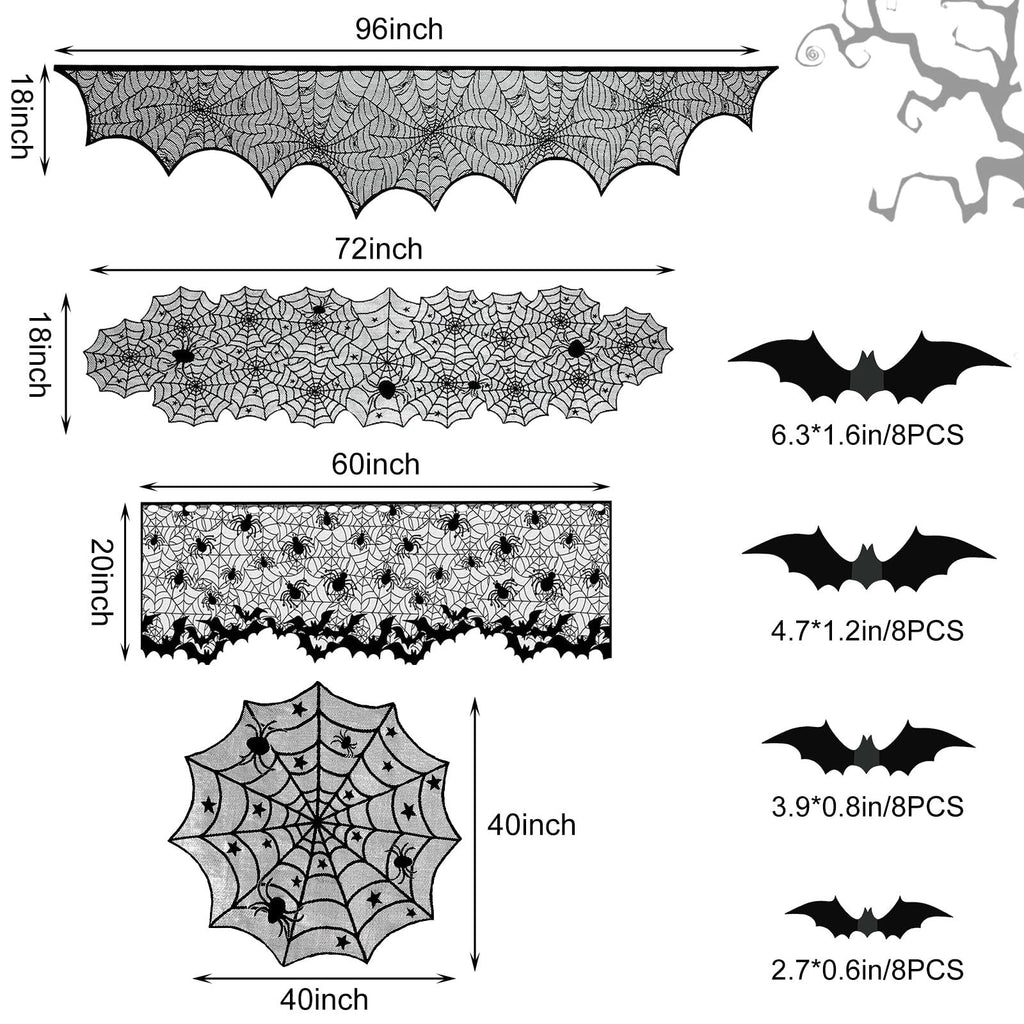 Halloween lace decorations including mantel scarf, table runner, round cover, and 3D bats with dimensions labeled.