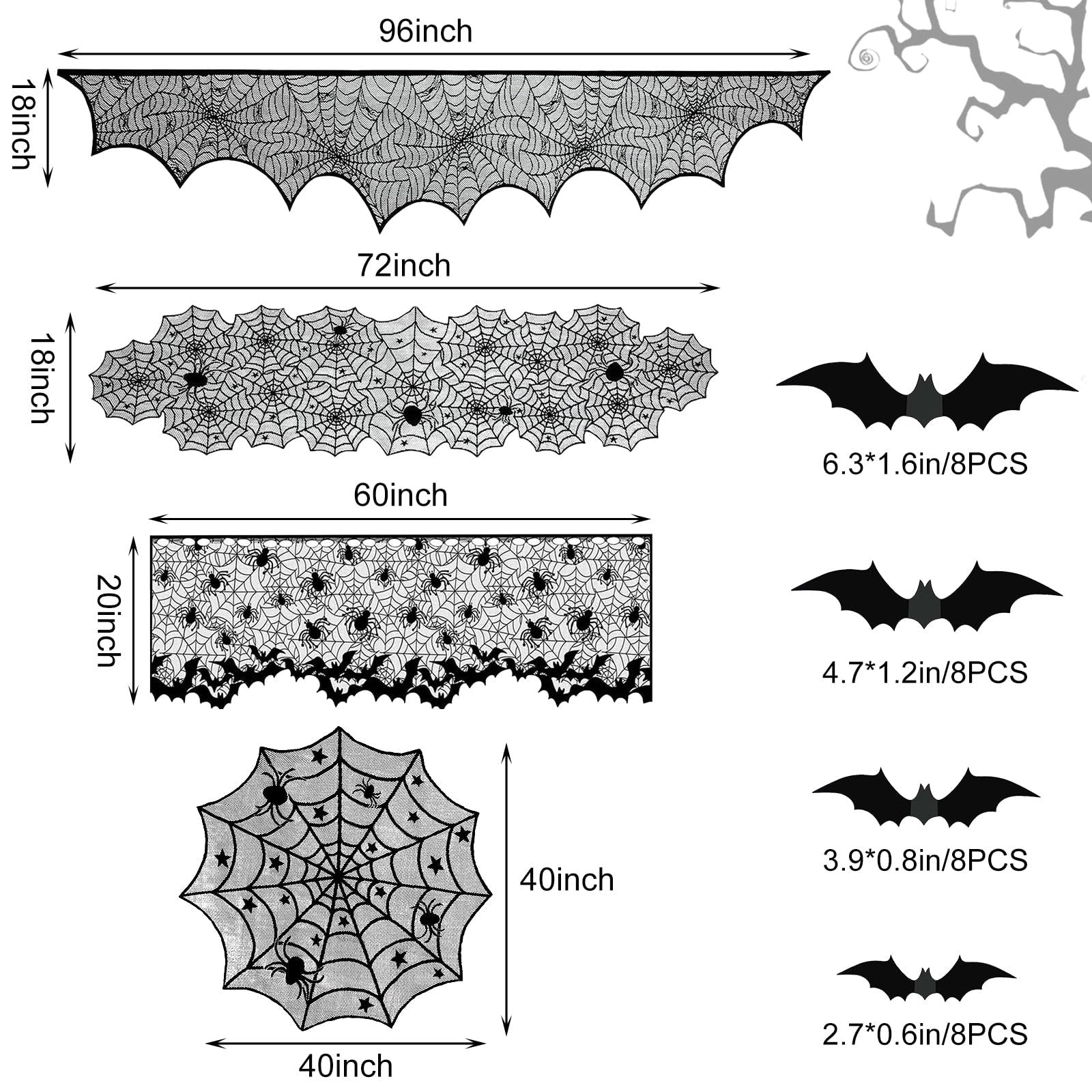Halloween lace decorations including mantel scarf, table runner, round cover, and 3D bats with dimensions labeled.