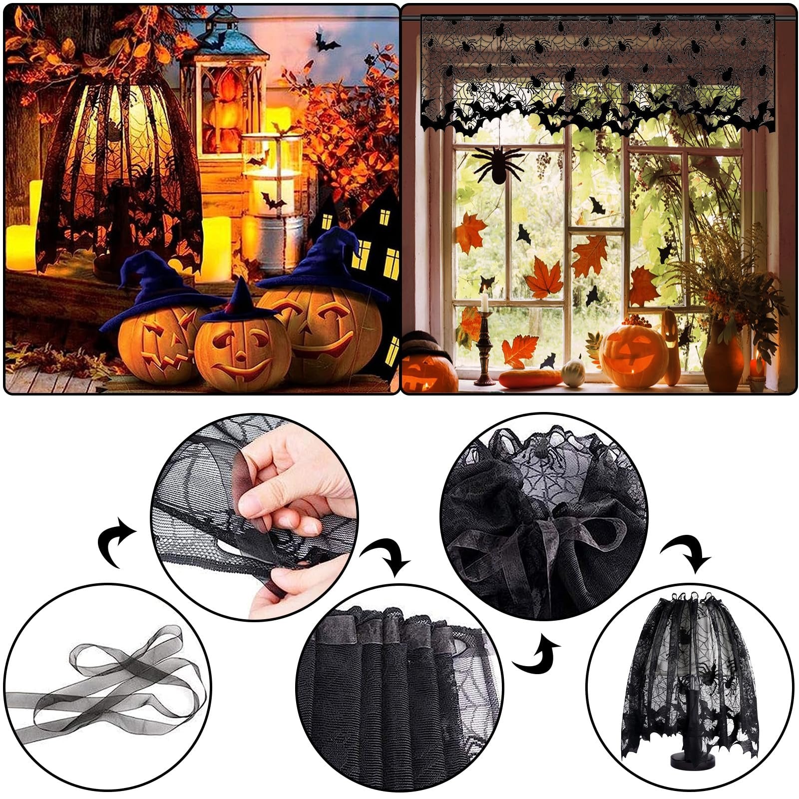 Halloween decorations including pumpkins, lanterns, and lace covers, with close-ups of lace assembly and a lampshade.