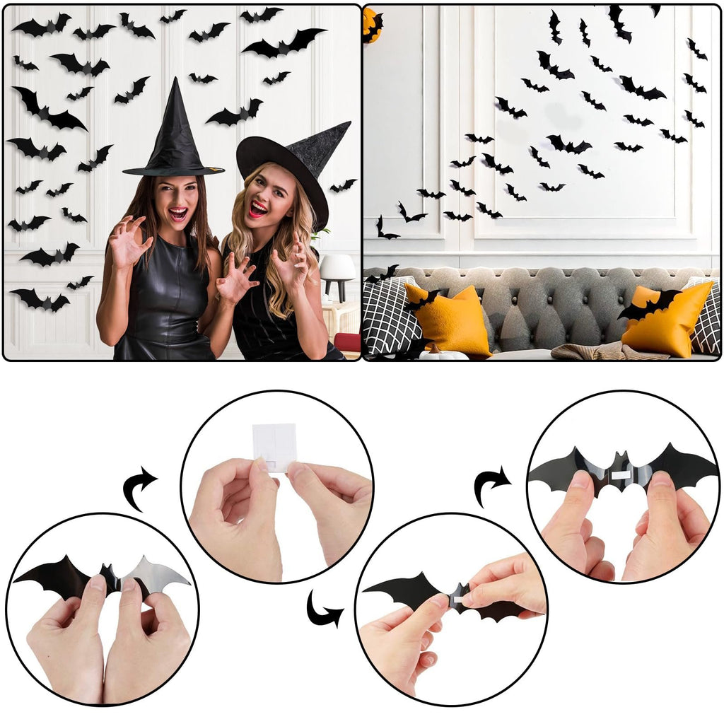 Collage of Halloween decorations: two women in witch hats with 3D bats, a living room decorated with bats, and instructions for attaching bats.