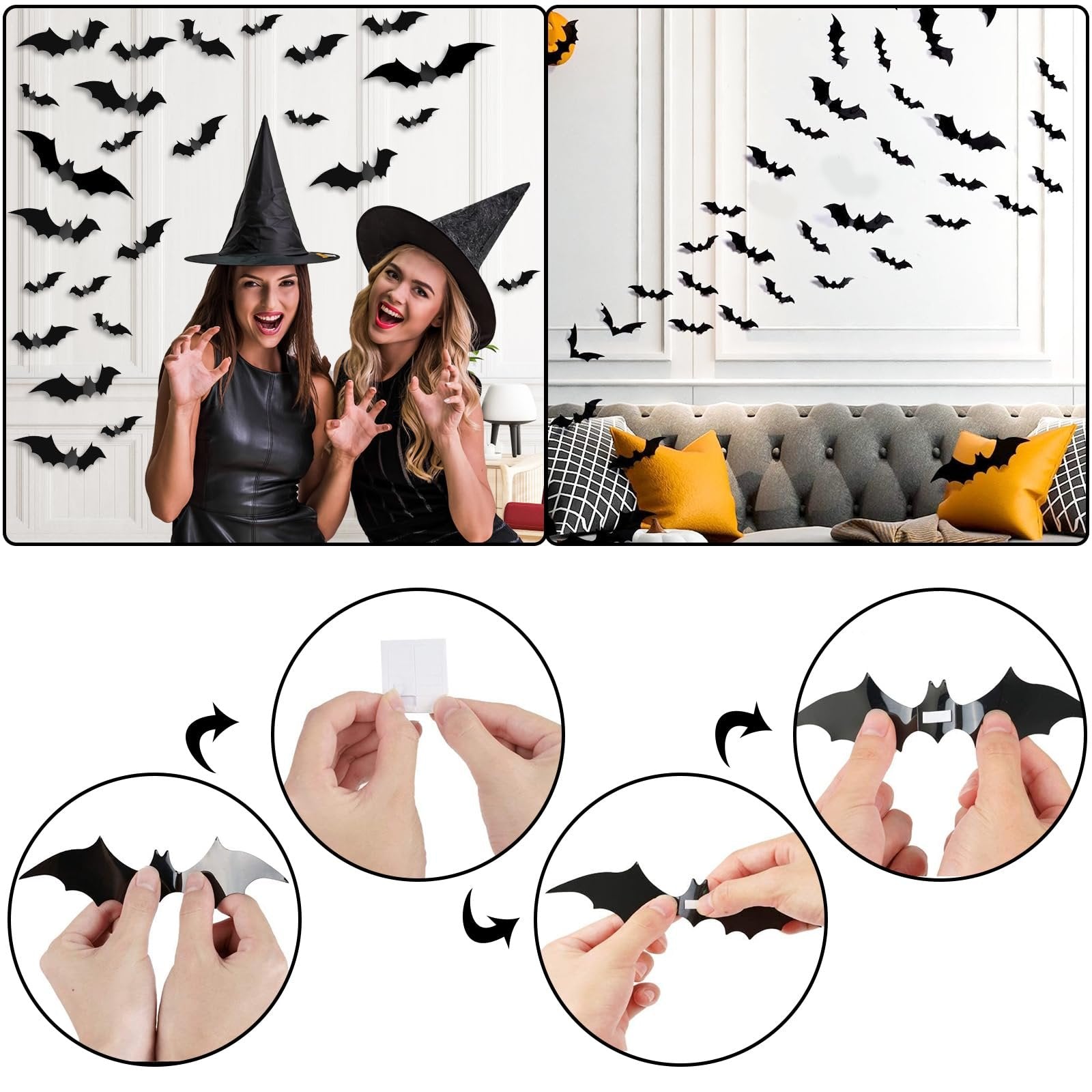Collage of Halloween decorations: two women in witch hats with 3D bats, a living room decorated with bats, and instructions for attaching bats.