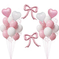 Pink and white heart balloons with bow-print clear balloons and pink bow foil balloons