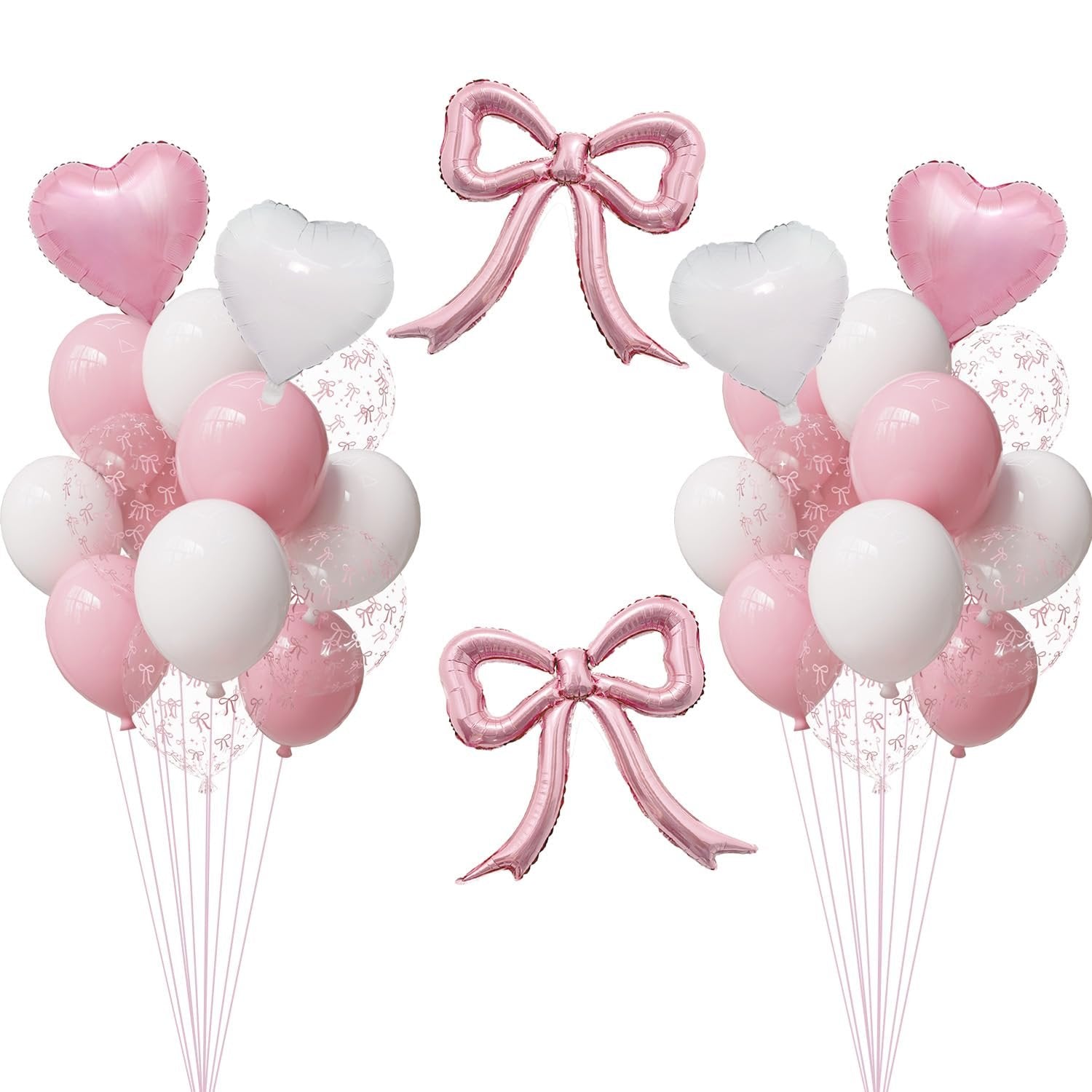 Pink and white heart balloons with bow-print clear balloons and pink bow foil balloons