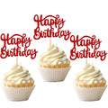 Three red glitter 'Happy Birthday' cupcake toppers on wooden sticks inserted into frosted cupcakes