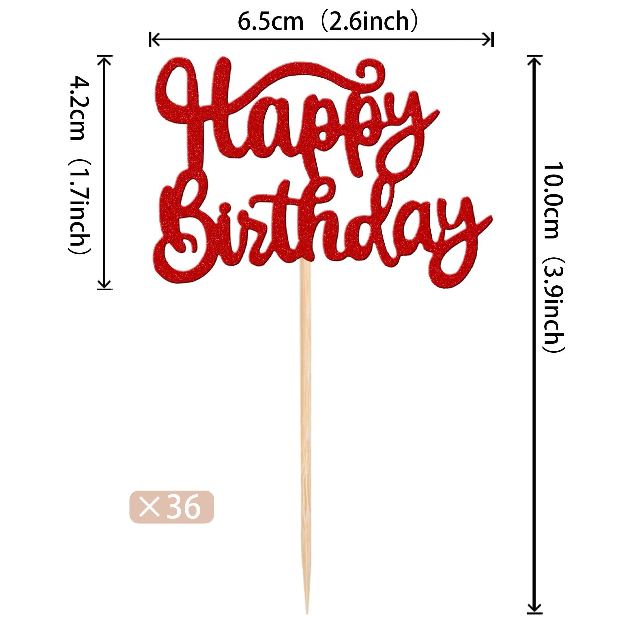 Red glitter 'Happy Birthday' cupcake topper with bamboo stick, showing dimensions and quantity.