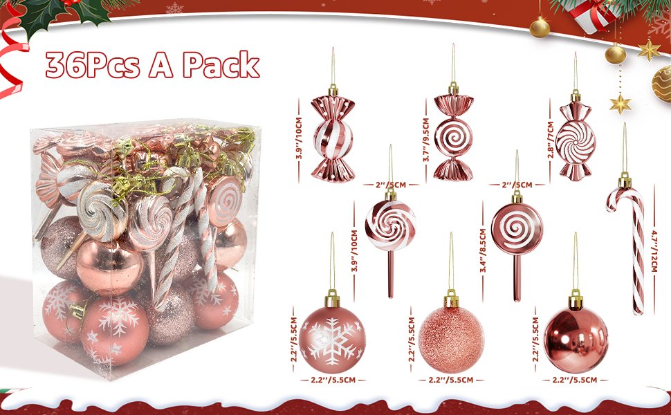 Box of rose gold Christmas ornaments in candy, lollipop, ball, and candy cane shapes, with individual ornament dimensions shown.
