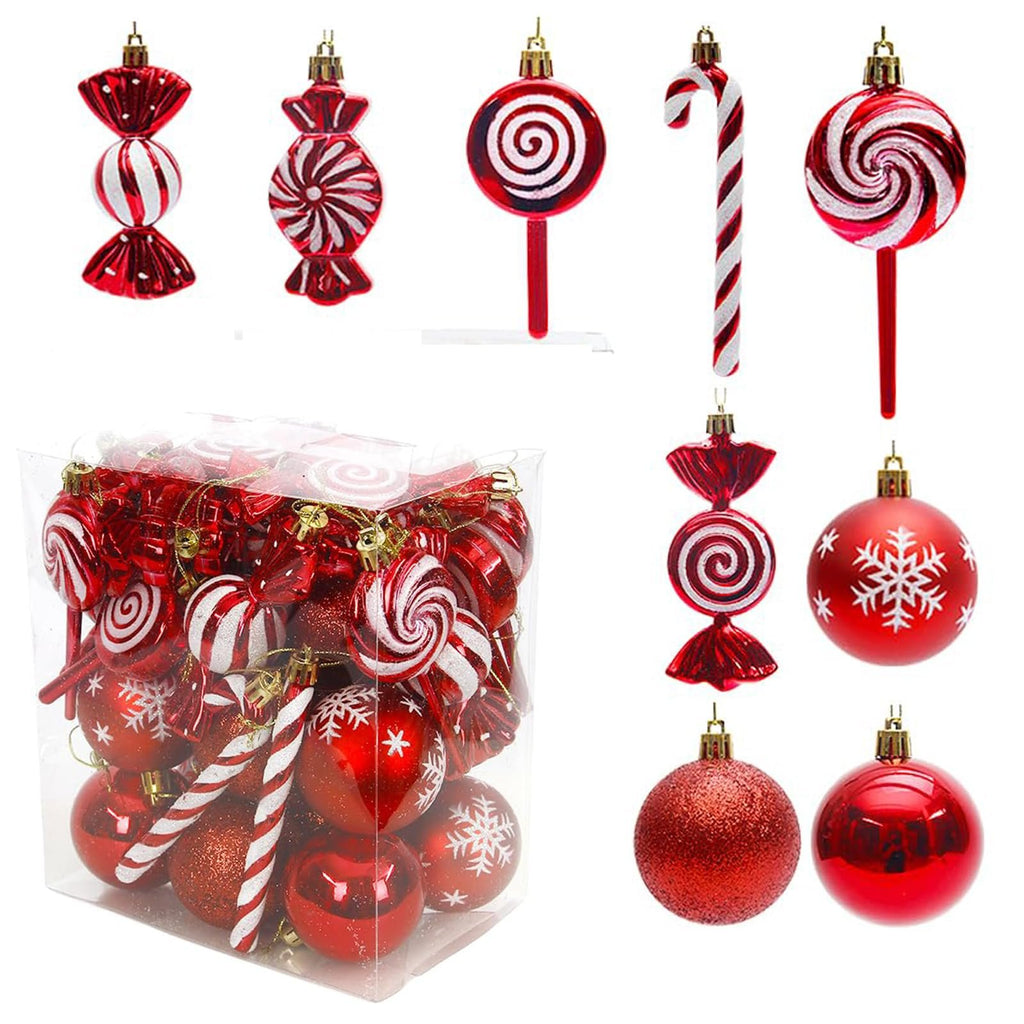 Set of red and white shatterproof plastic Christmas ornaments in candy, lollipop, candy cane, and ball shapes, with a clear box of ornaments shown.