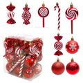 Set of red and white shatterproof plastic Christmas ornaments in candy, lollipop, candy cane, and ball shapes, with a clear box of ornaments shown.