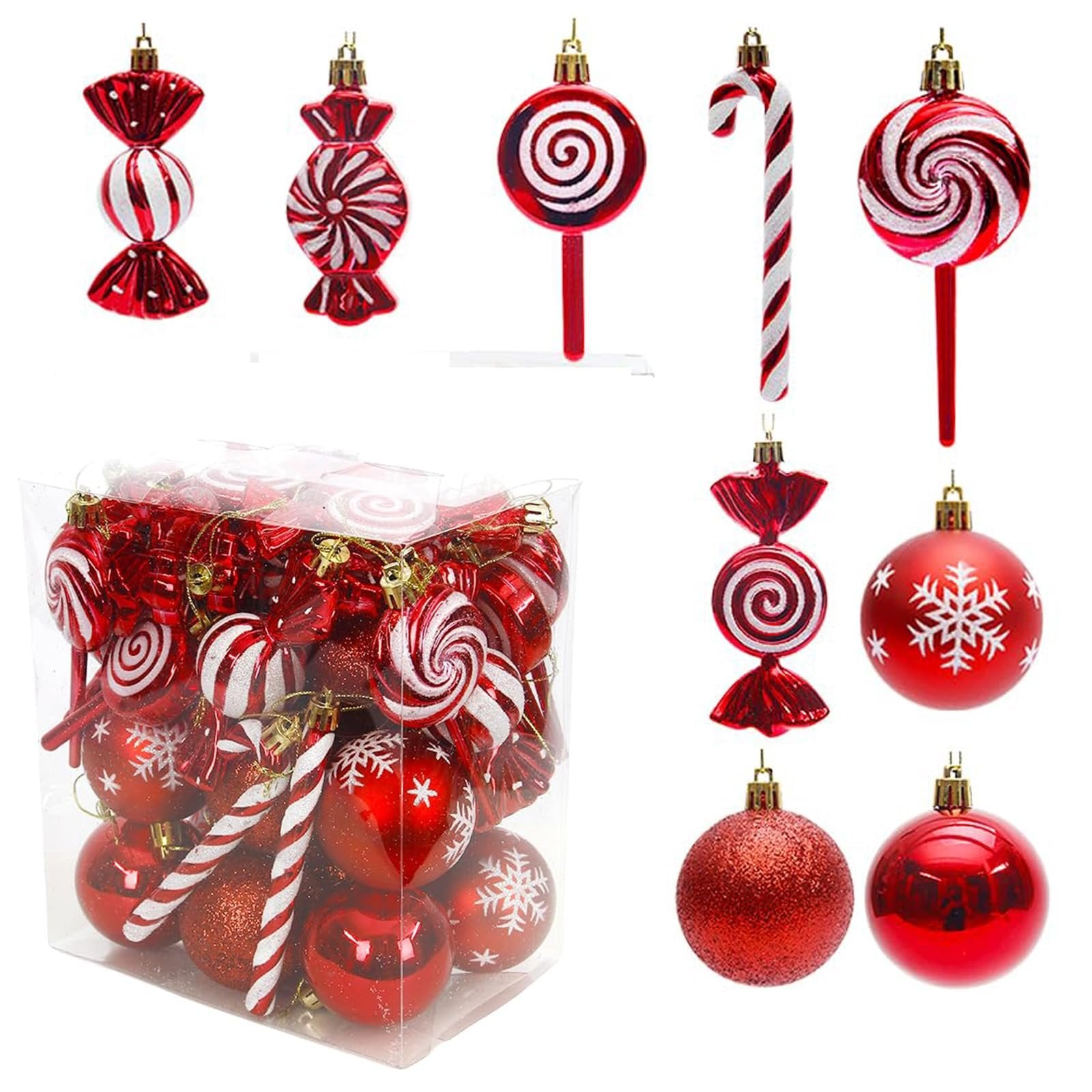 Set of red and white shatterproof plastic Christmas ornaments in candy, lollipop, candy cane, and ball shapes, with a clear box of ornaments shown.