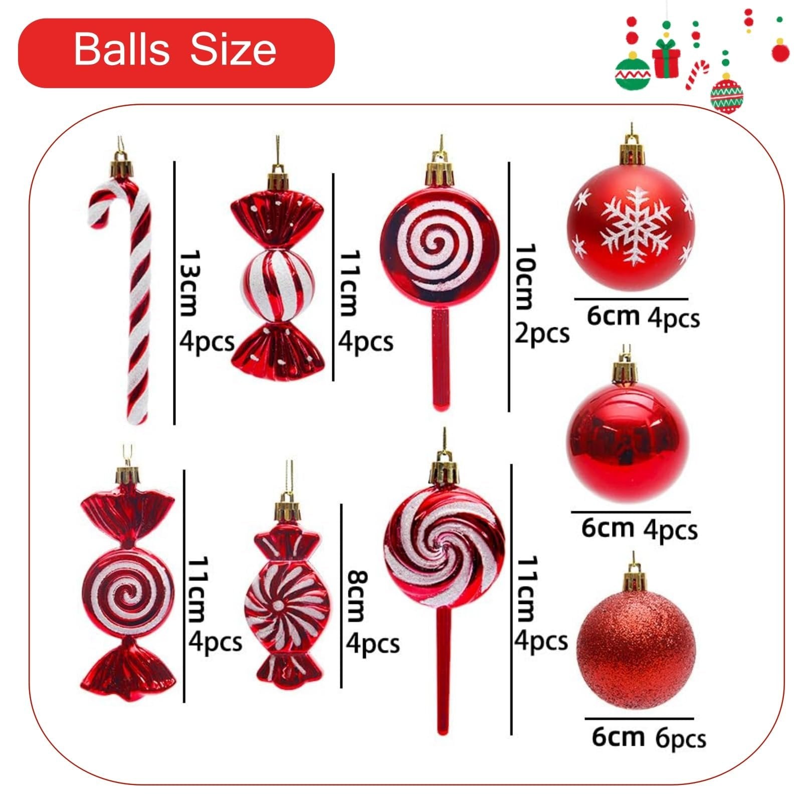 Red and white Christmas ornaments in candy cane, candy, lollipop, and ball shapes with size and quantity labels.