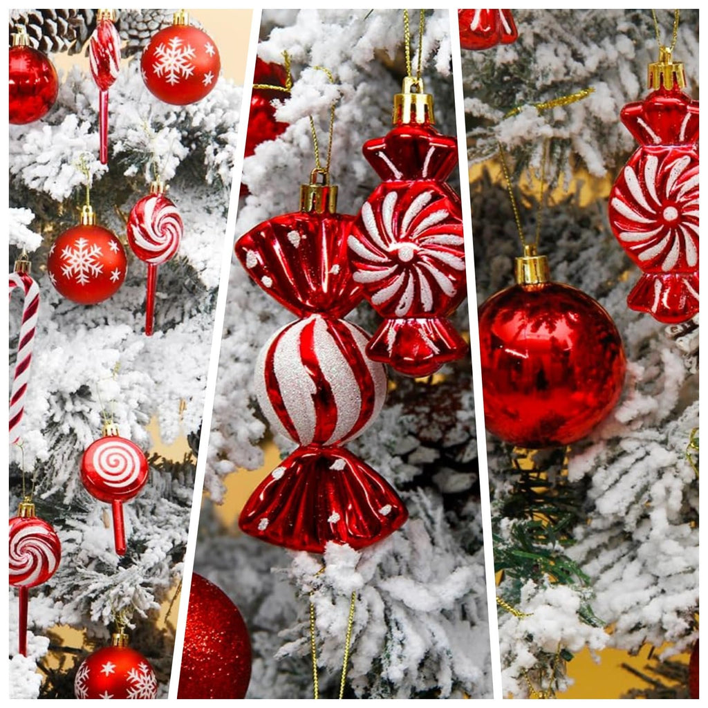 Collage of red and white shatterproof Christmas ornaments in ball, candy, and lollipop shapes hanging on a flocked tree.