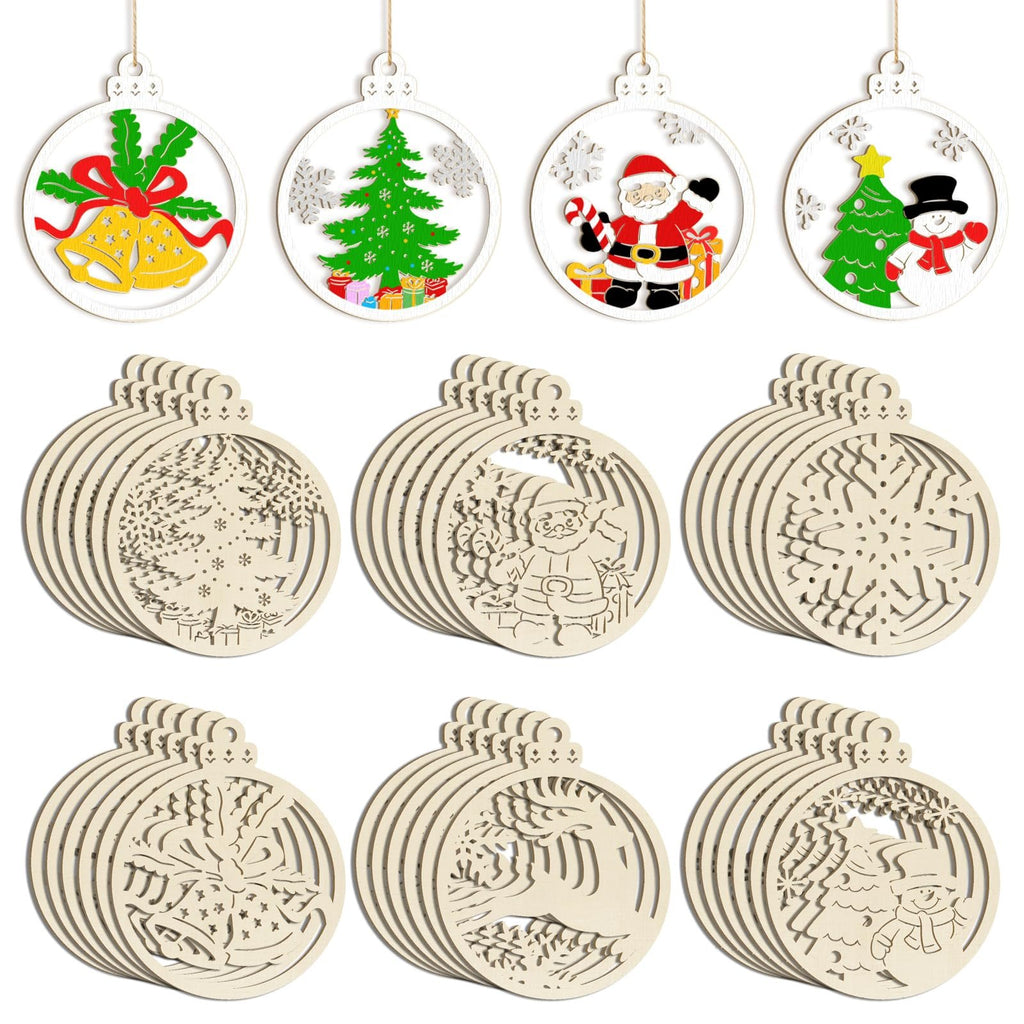 Collection of 36 unfinished wooden Christmas ornaments with various designs including bells, trees, Santa, snowman, snowflakes, and reindeer.