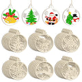 Collection of 36 unfinished wooden Christmas ornaments with various designs including bells, trees, Santa, snowman, snowflakes, and reindeer.