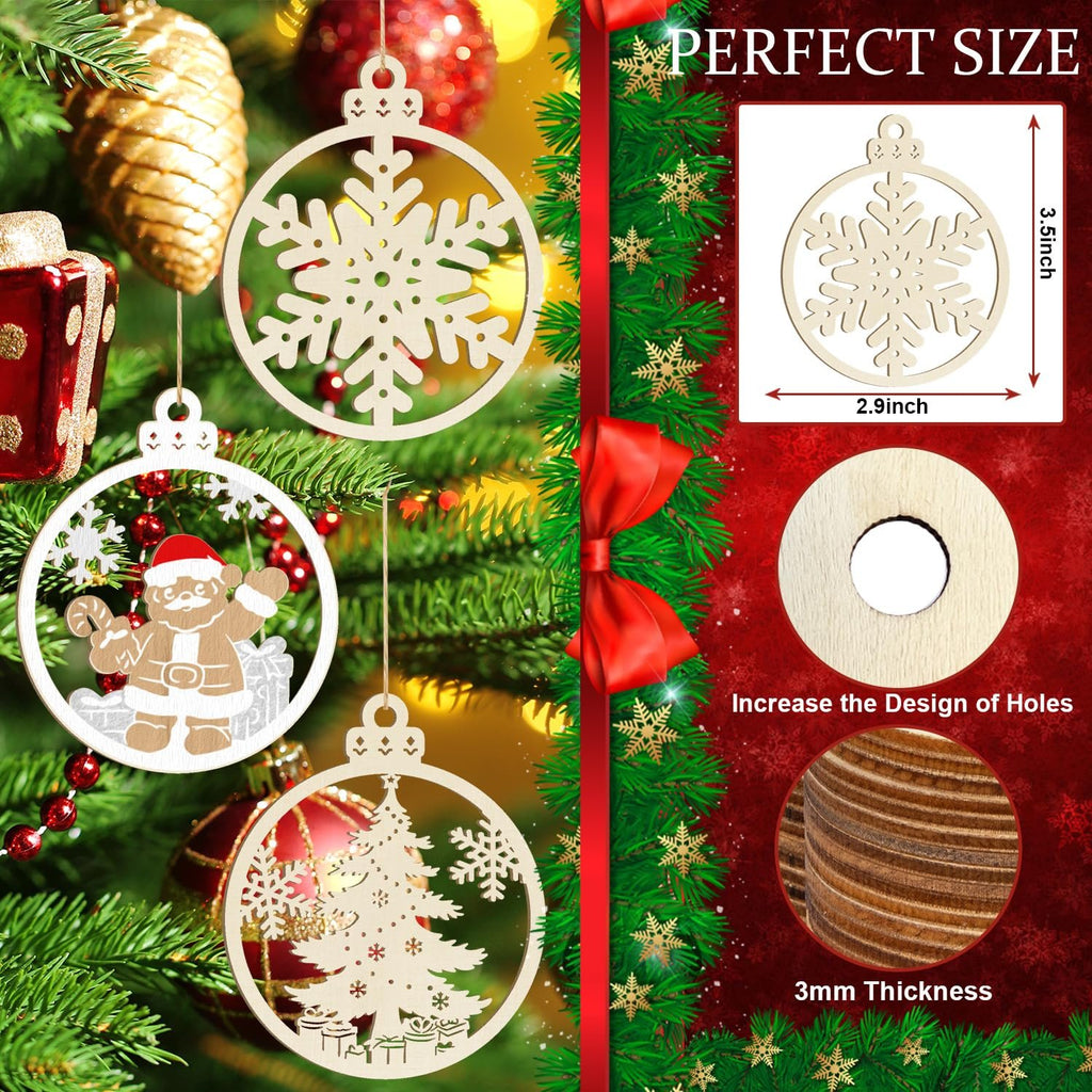 Unfinished wooden Christmas ornaments with snowflake, Santa, and tree designs hanging on a tree. Includes size and thickness details.