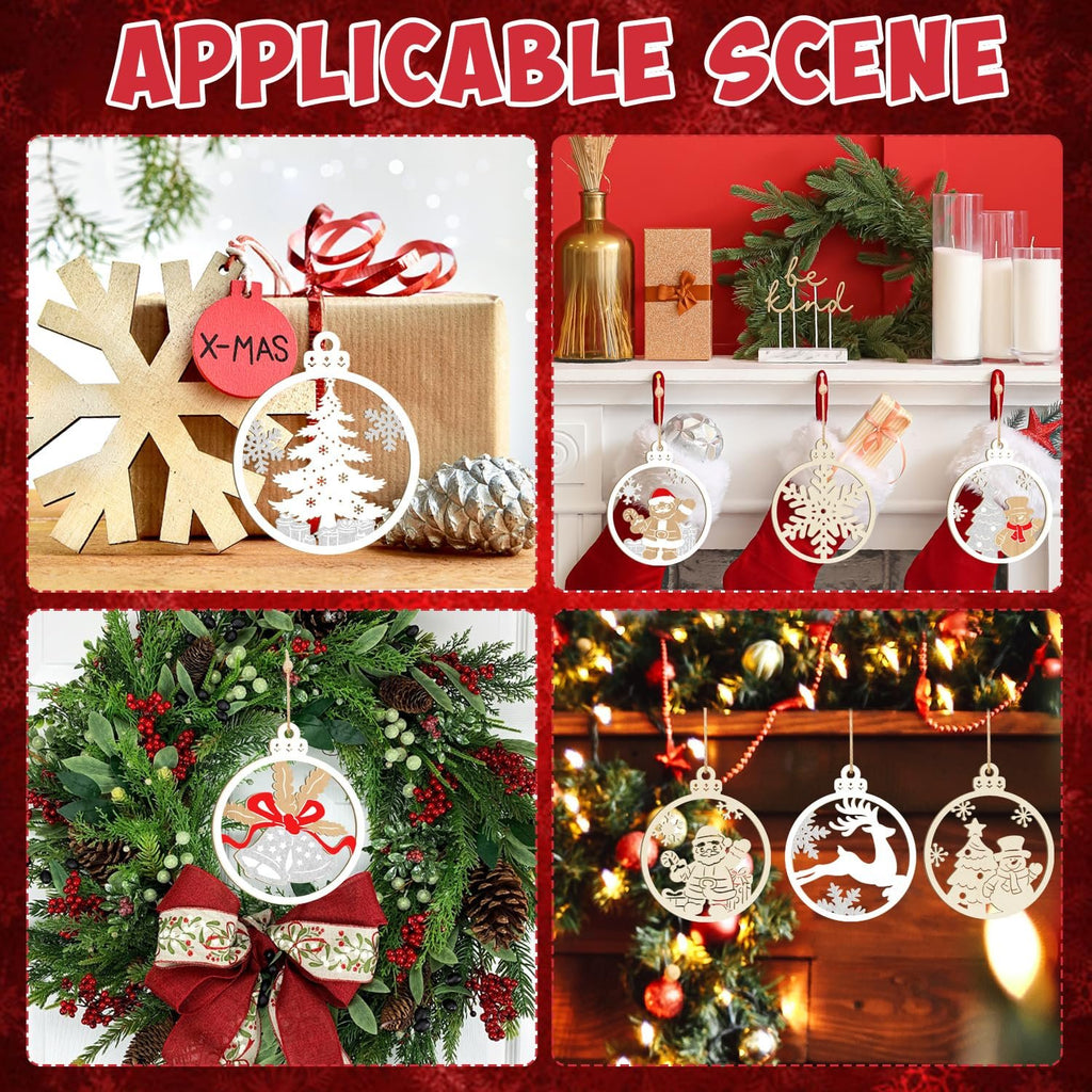 Four scenes showing unfinished wooden Christmas ornaments in various festive settings.