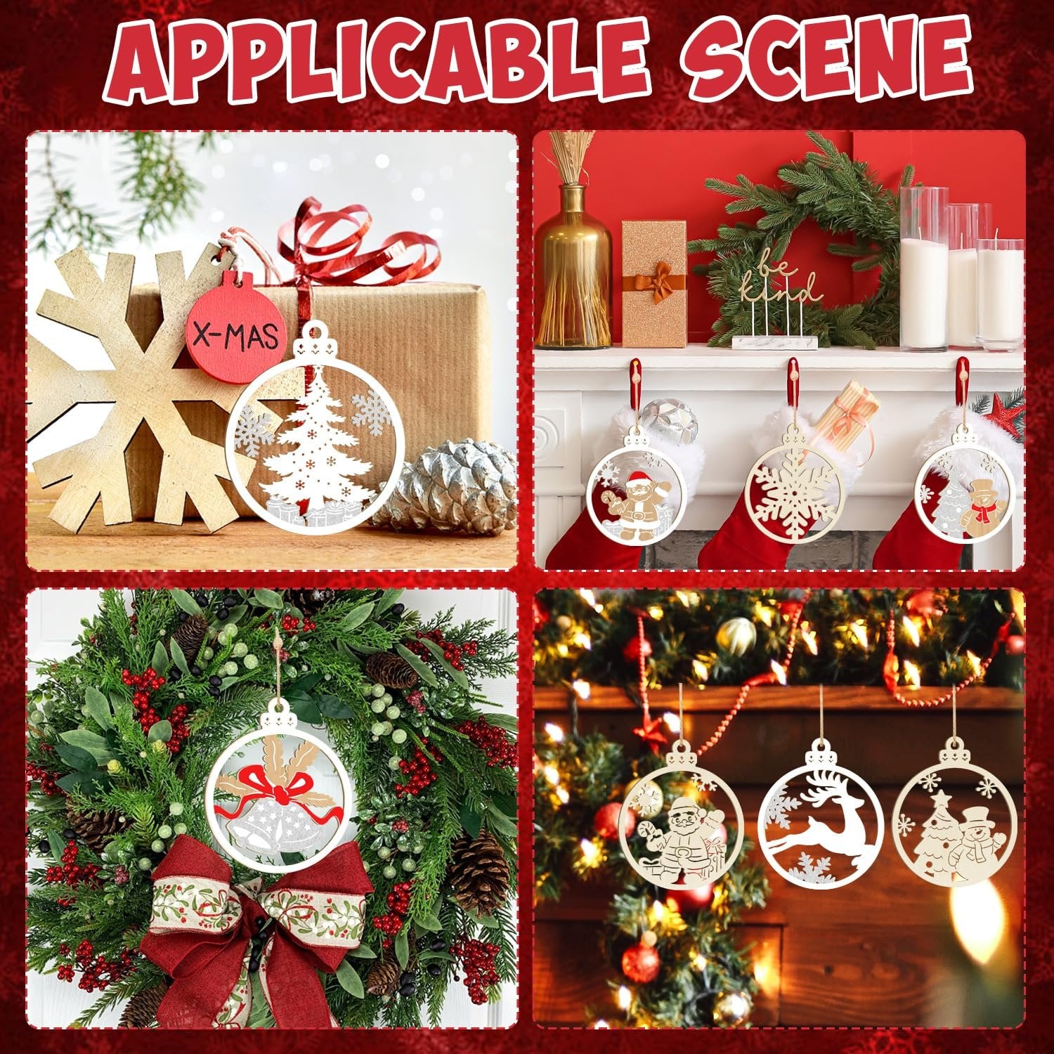 Four scenes showing unfinished wooden Christmas ornaments in various festive settings.