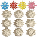 Assortment of glitter and unfinished wooden snowflake ornaments hanging and stacked