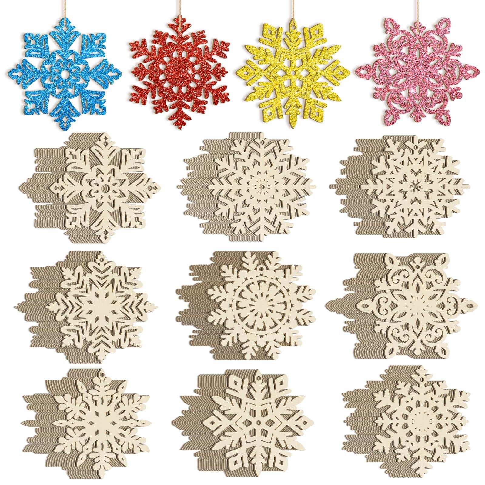 Assortment of glitter and unfinished wooden snowflake ornaments hanging and stacked