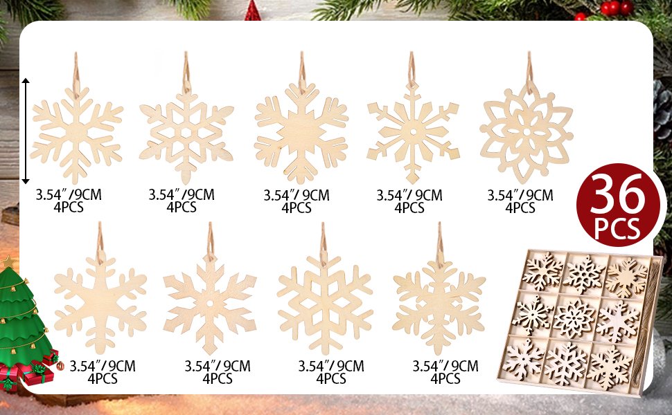 Unfinished wooden snowflake ornaments in various designs, shown with size and quantity details, and a box of ornaments.