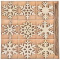 Unfinished wooden snowflake ornaments in a divided wooden box with jute rope on the side