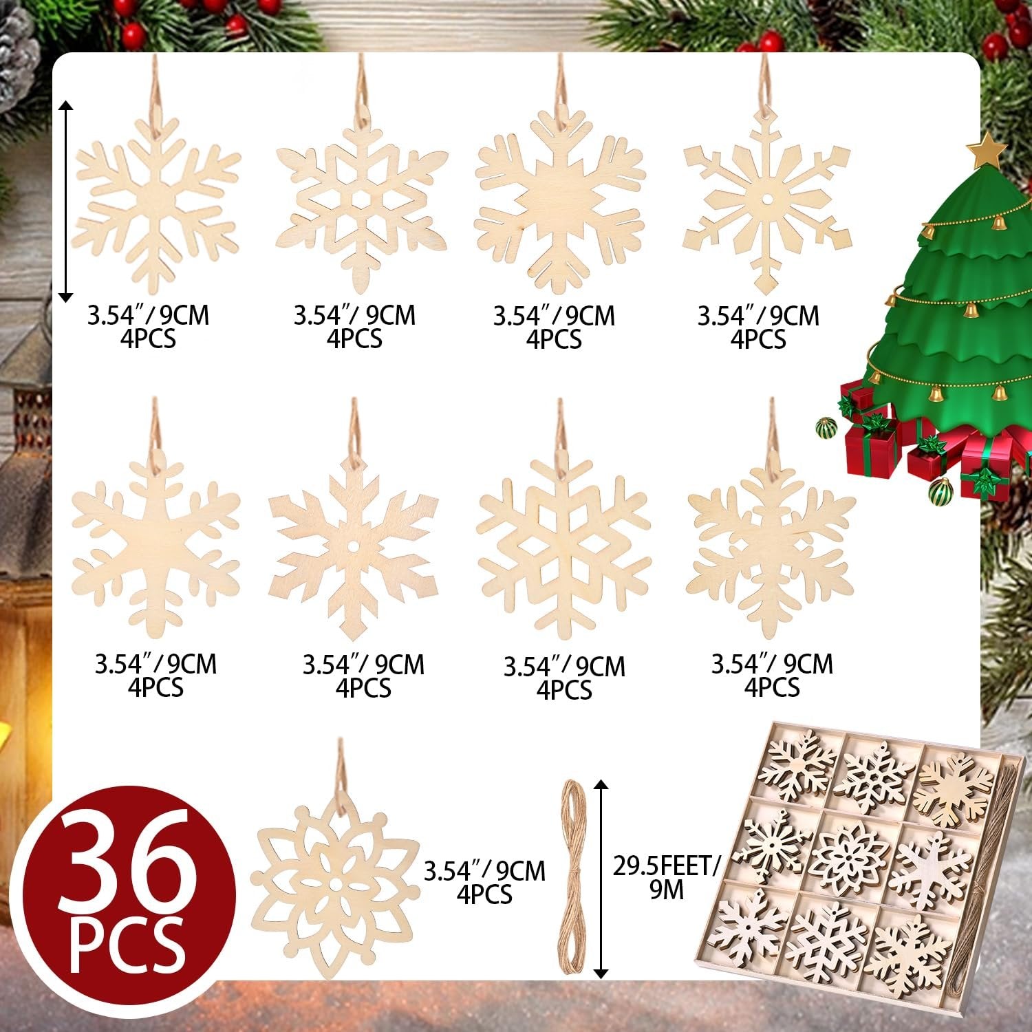 Set of 36 unfinished wooden snowflake ornaments with jute rope, showing 9 different designs and dimensions.