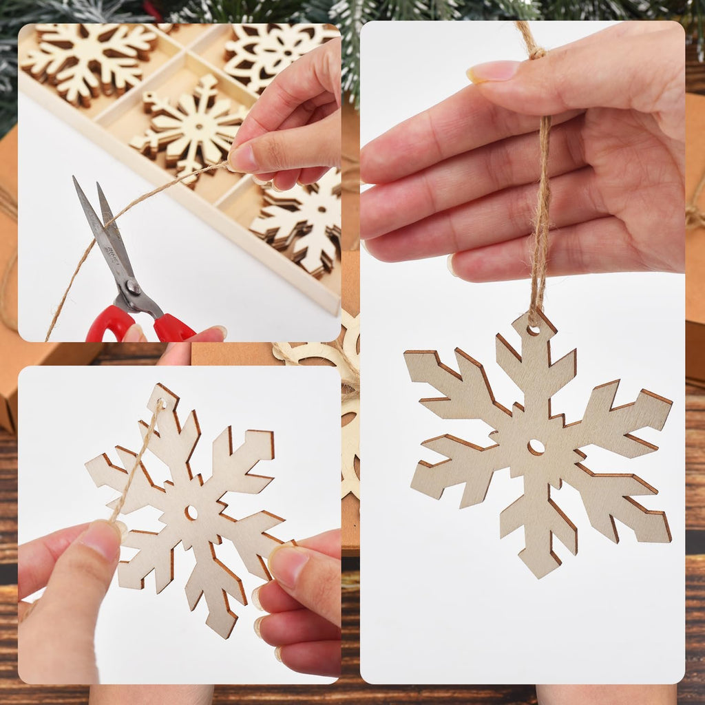 Hands threading jute rope through unfinished wooden snowflake ornaments for DIY Christmas decor