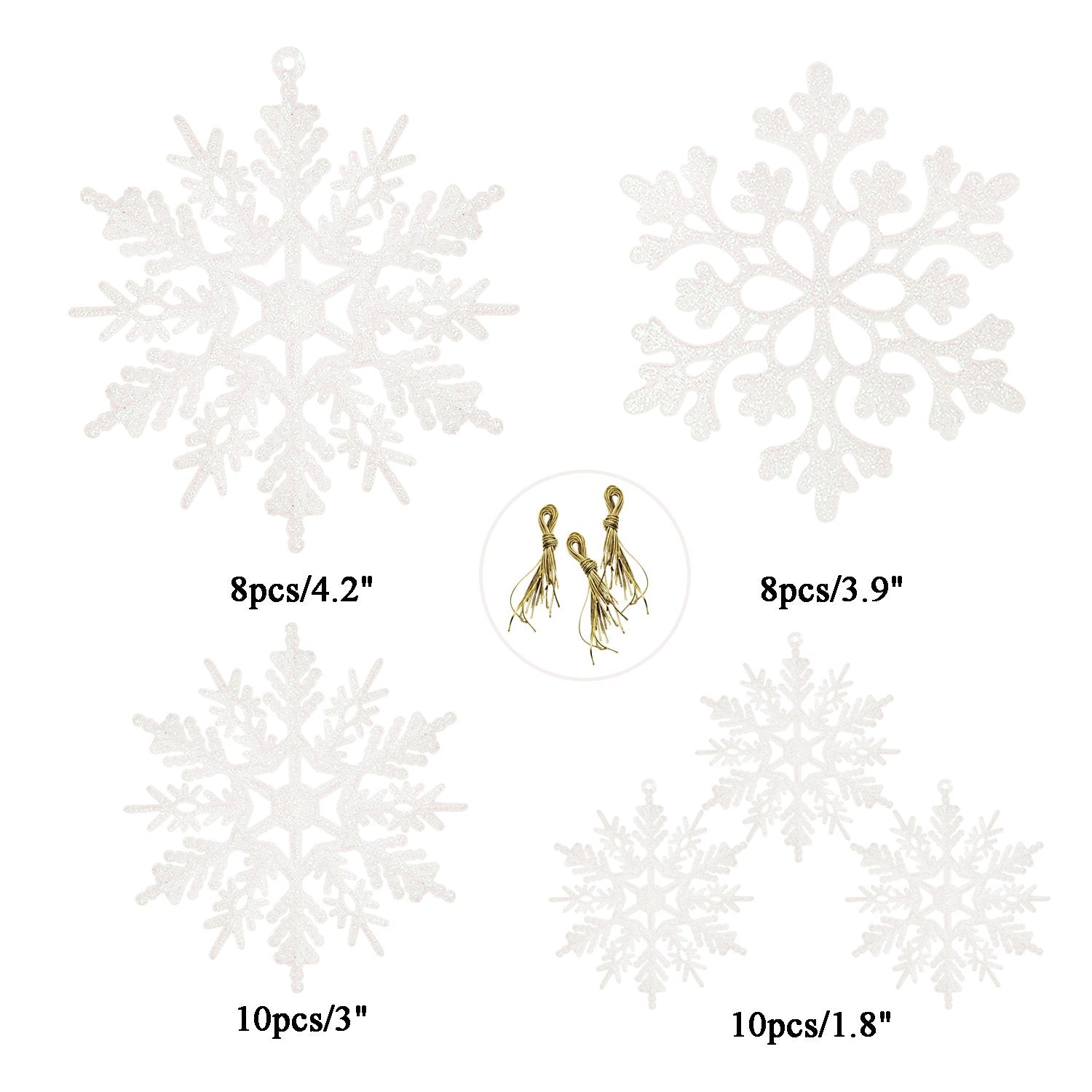 Four white glitter snowflake ornaments of different sizes and patterns, with gold hanging strings shown in a circle.
