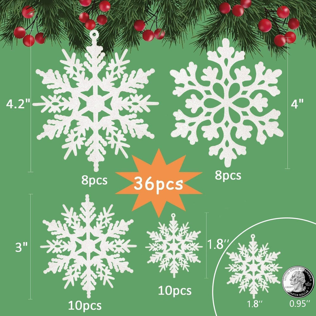 White glitter snowflake ornaments in four sizes with quantity and dimension callouts, set against a green background with festive greenery.