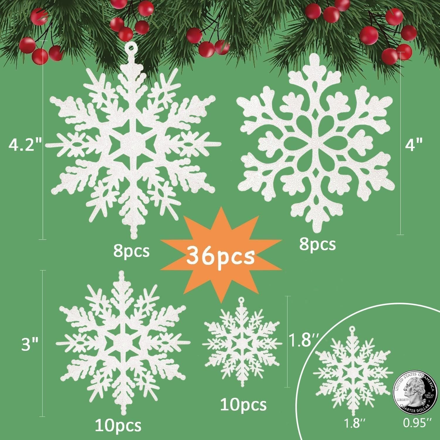 White glitter snowflake ornaments in four sizes with quantity and dimension callouts, set against a green background with festive greenery.