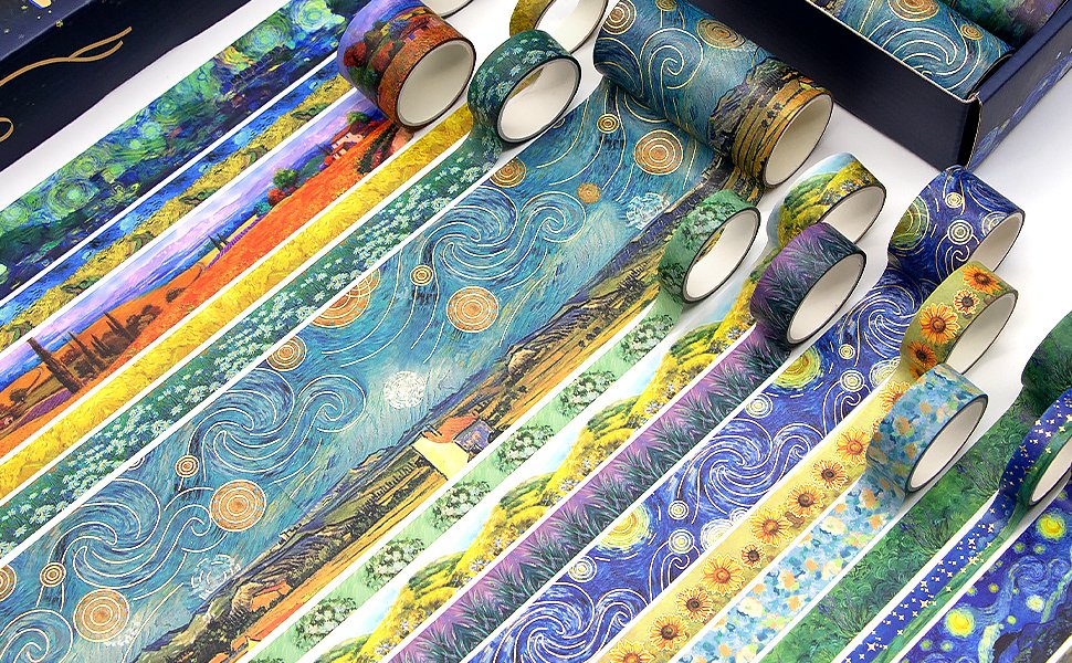 Collection of 36 decorative washi tape rolls with various landscape and starry night art patterns, displayed diagonally.