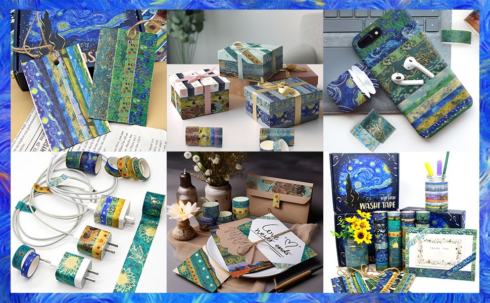 Collage of washi tape rolls and applications, including decorated gifts, phone case, chargers, and stationery.