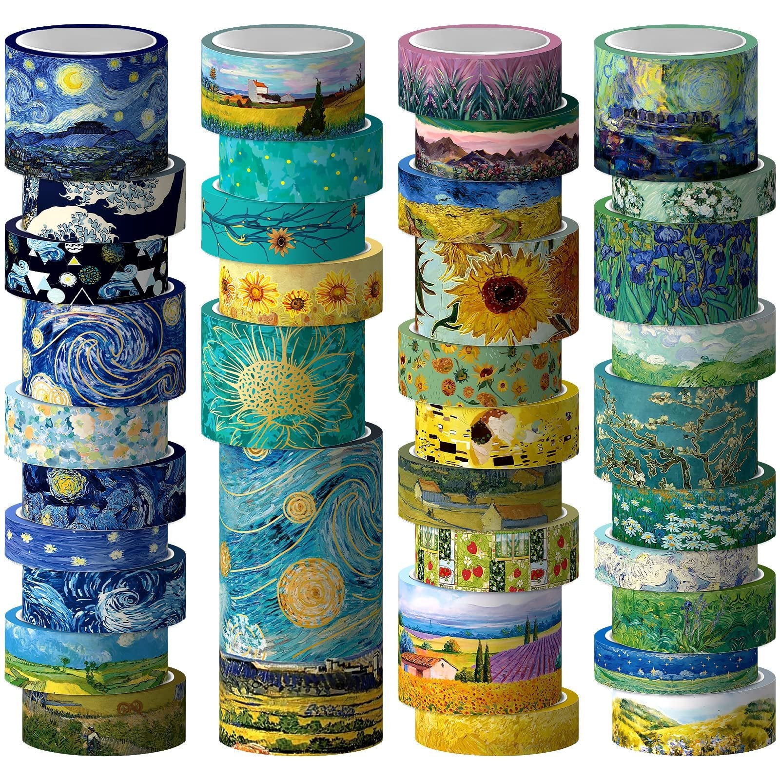 Four stacks of decorative washi tape rolls featuring famous landscape paintings and floral designs.