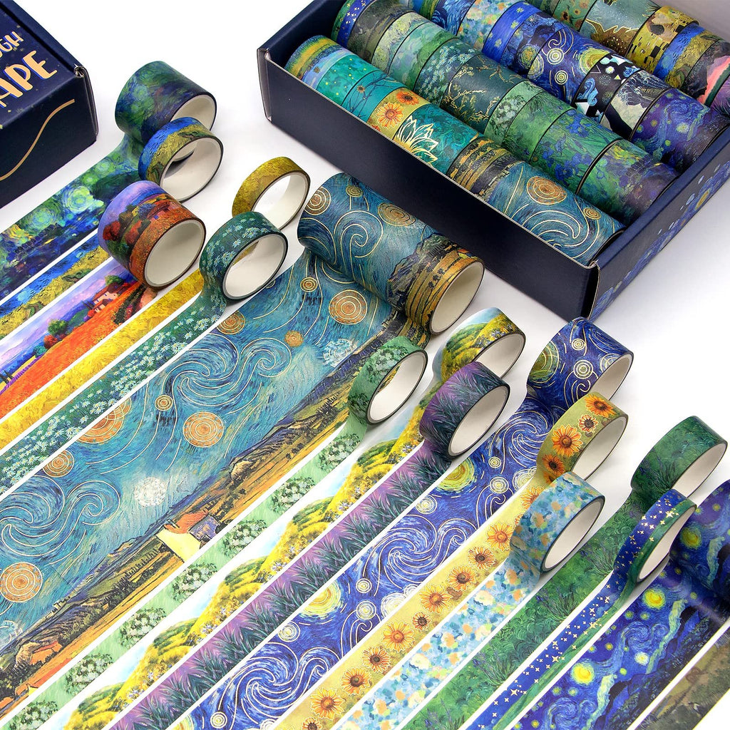 Collection of 36 decorative washi tape rolls with various art-inspired patterns, displayed on a white surface.