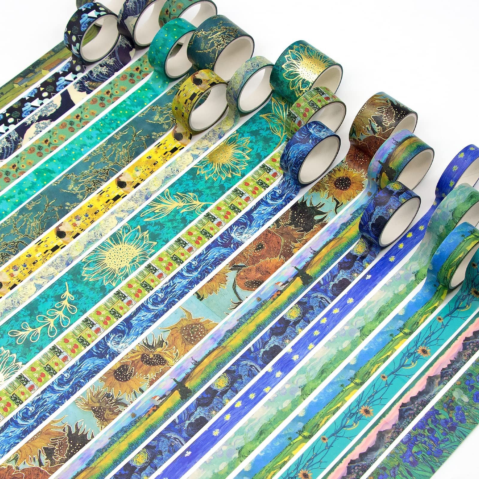 Diagonal arrangement of 36 decorative washi tape rolls featuring various art-inspired patterns like sunflowers, starry night, and gold foil designs.