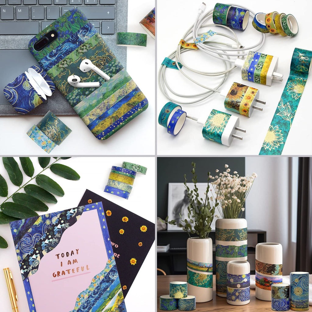 Collage of four images showing decorative washi tape applied to various items like a phone case, charging cables, a notebook, and vases.