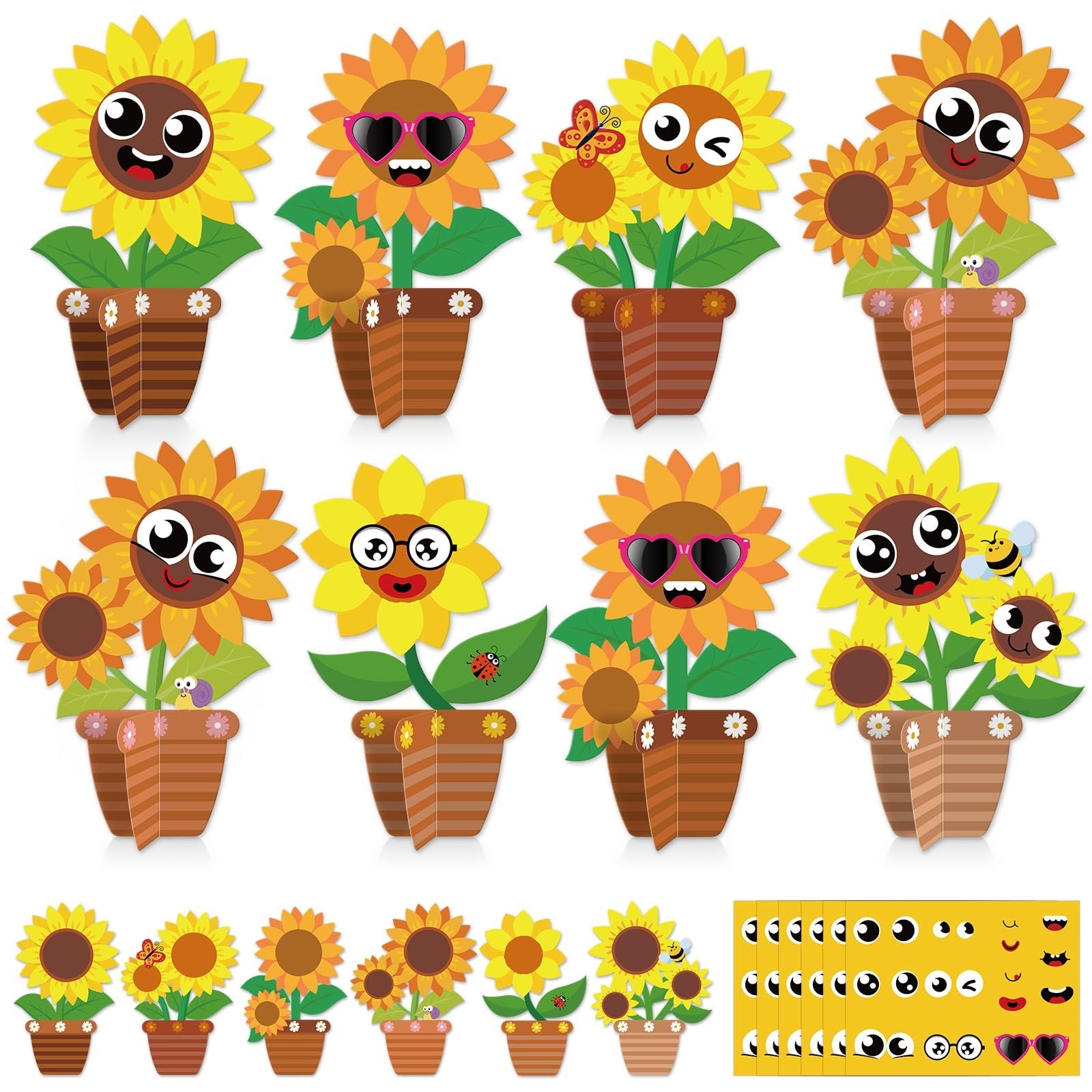DIY sunflower craft kit with various cartoon faces, accessories, and potted plant designs.