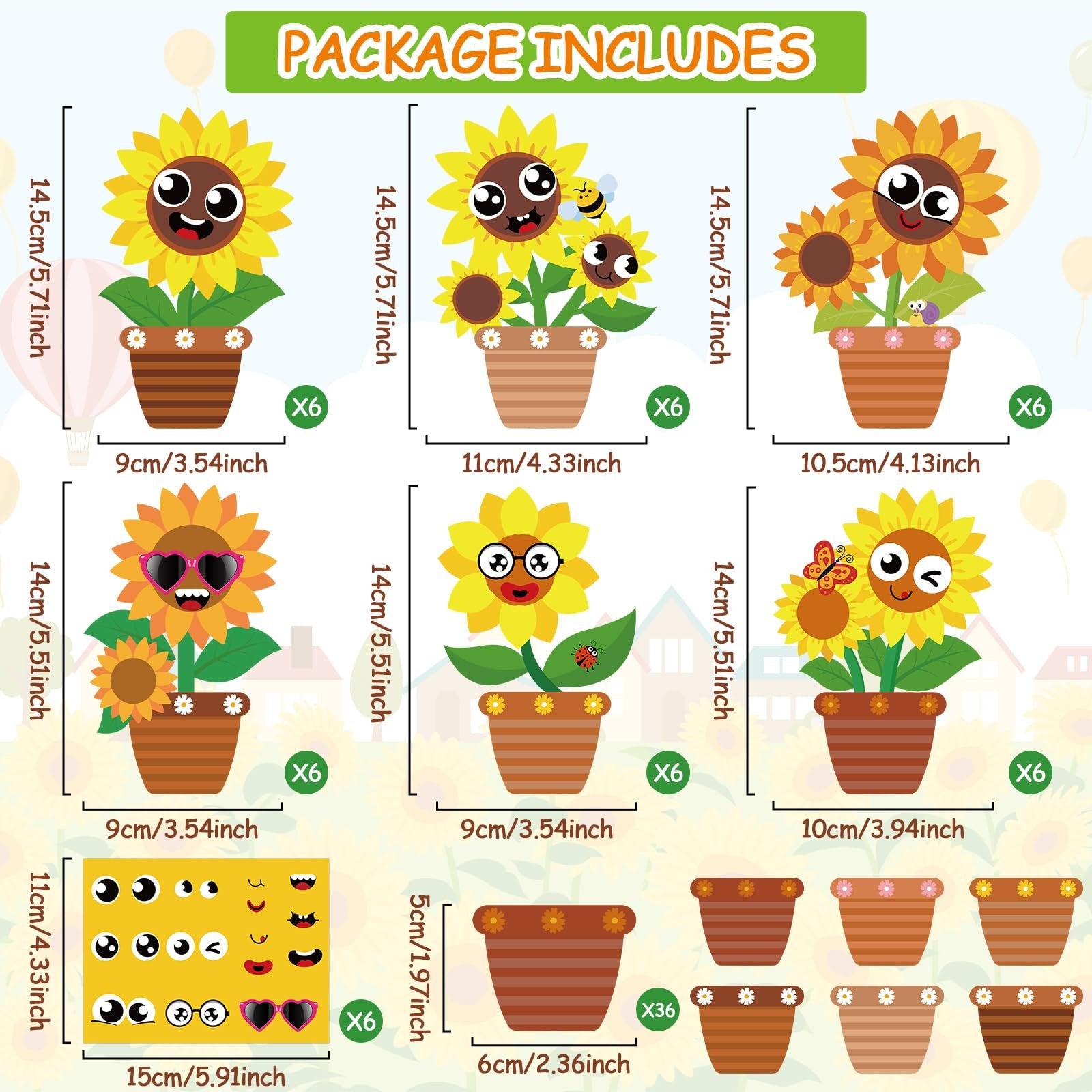 Sunflower craft kit components including potted sunflowers with faces, stickers, and pots, with dimensions and quantities indicated.