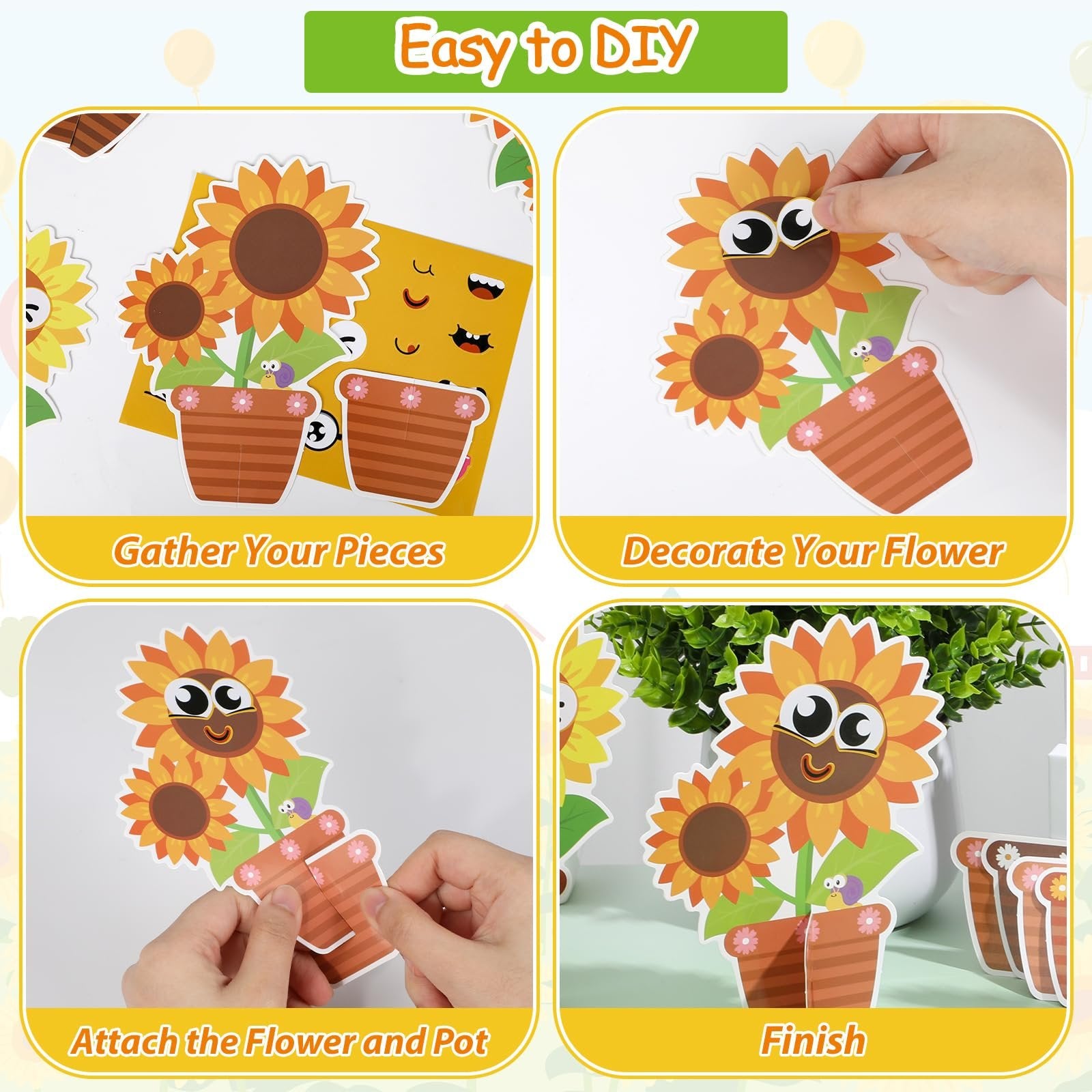 Sunflower craft kit assembly steps: gather pieces, decorate, attach pot, and finish.