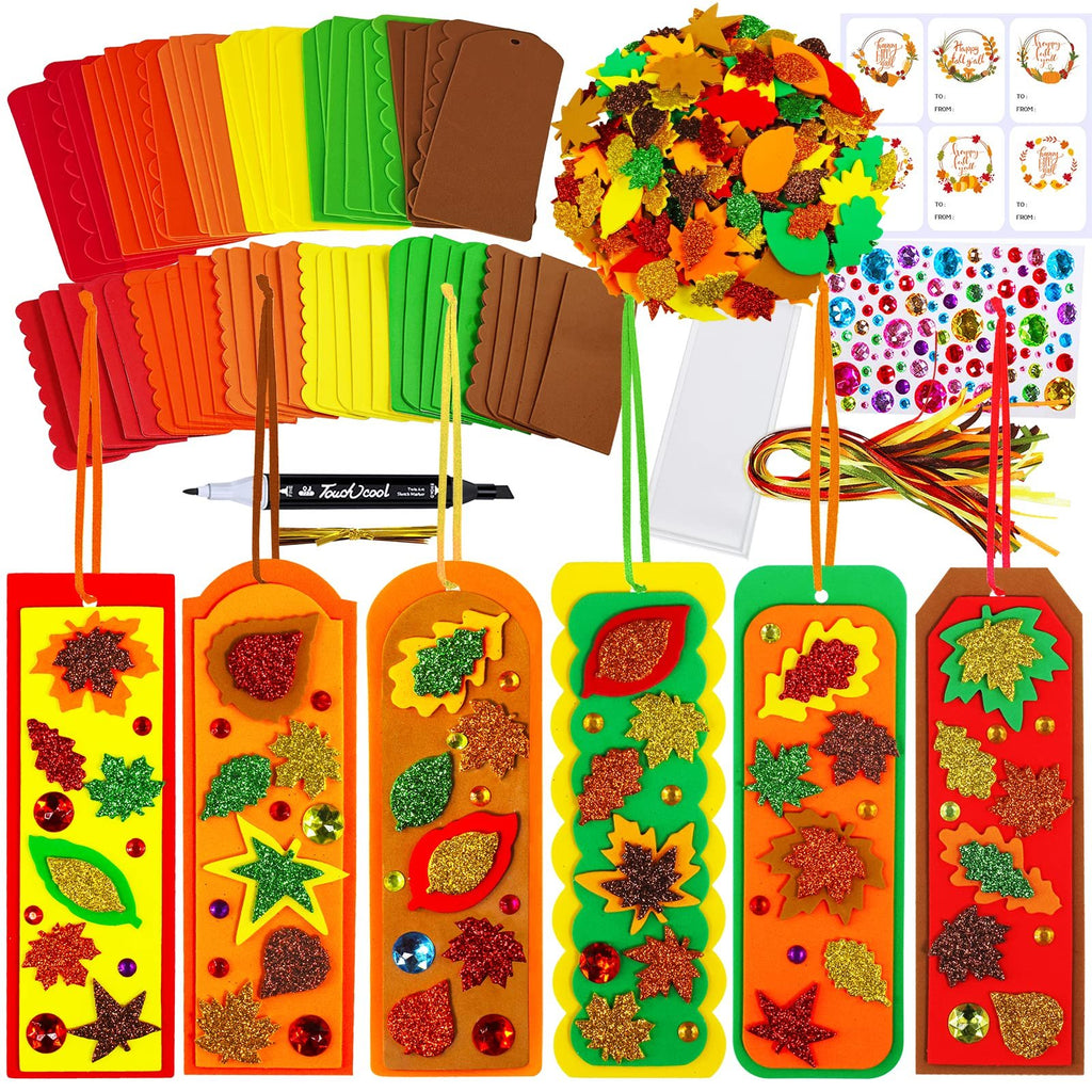 Fall craft kit with assorted foam leaf shapes, glitter stickers, ribbons, and markers for making bookmarks and decorations.