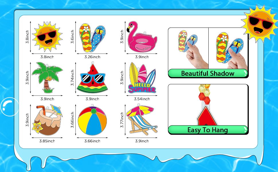 Summer-themed suncatchers including sun, flip-flops, flamingo, palm tree, watermelon, surfboards, coconut drink, beach ball, and beach chair with dimensions.