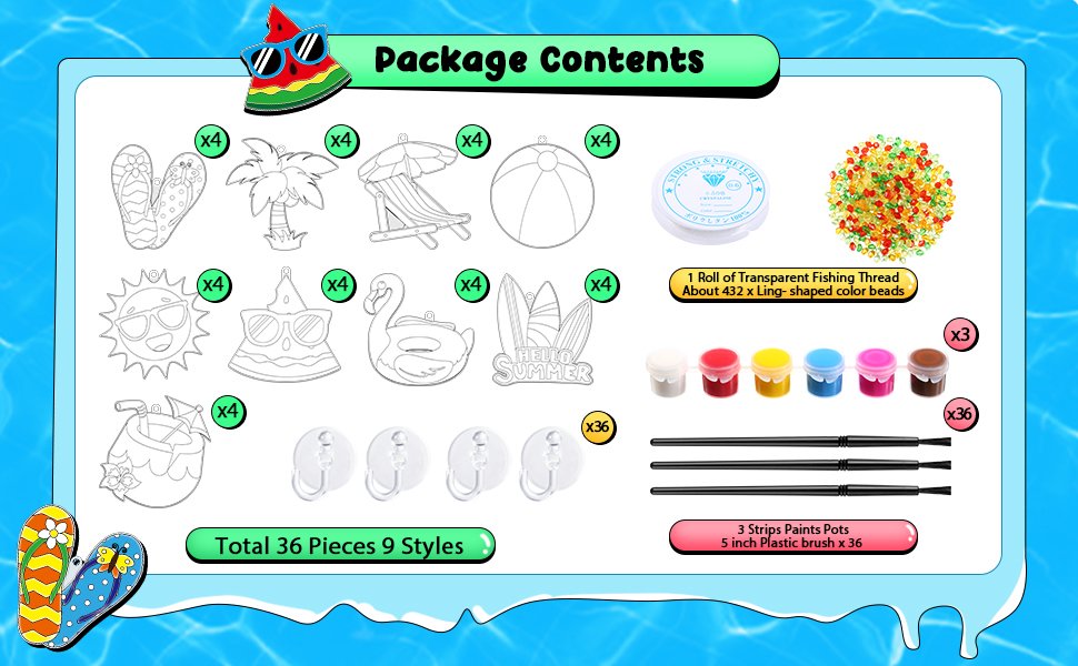 Package contents of a suncatcher paint kit including various shapes, paints, brushes, beads, and hooks.