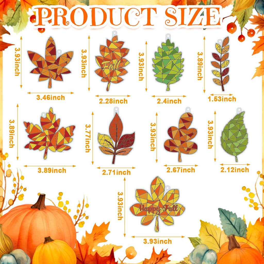 Autumn leaf suncatcher paint kit with dimensions shown, featuring pumpkins and fall leaves.